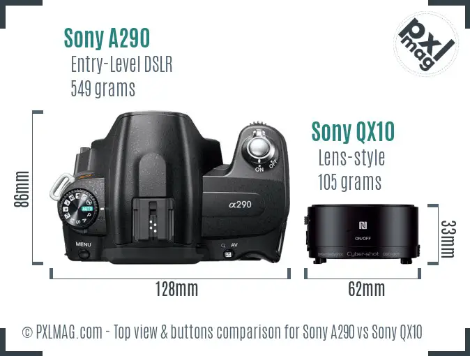 Sony A290 vs Sony QX10 top view buttons comparison