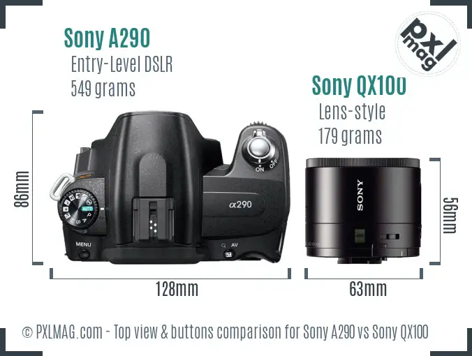 Sony A290 vs Sony QX100 top view buttons comparison