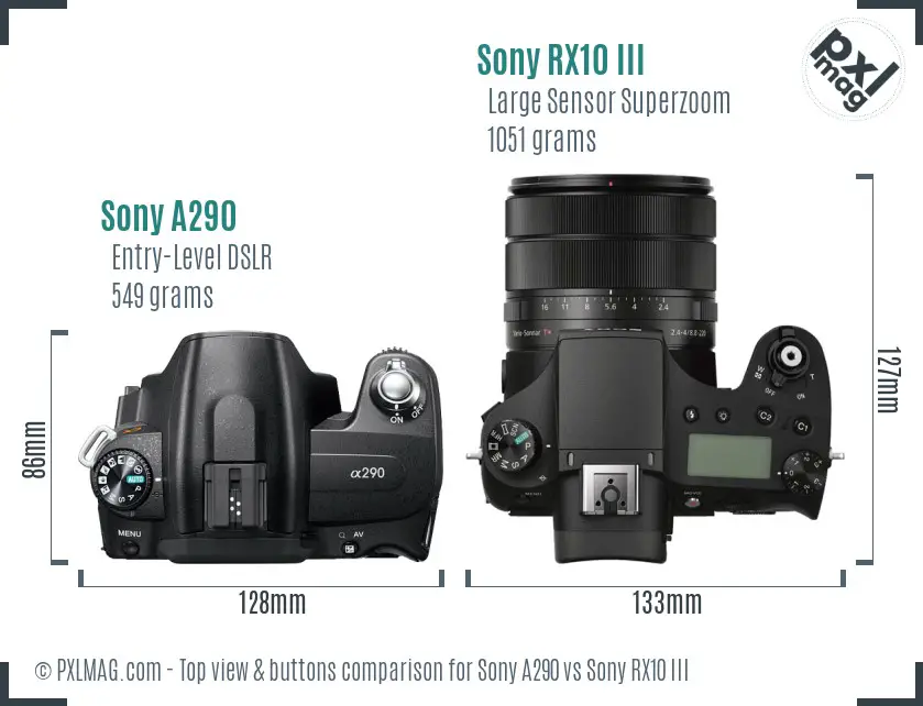 Sony A290 vs Sony RX10 III top view buttons comparison