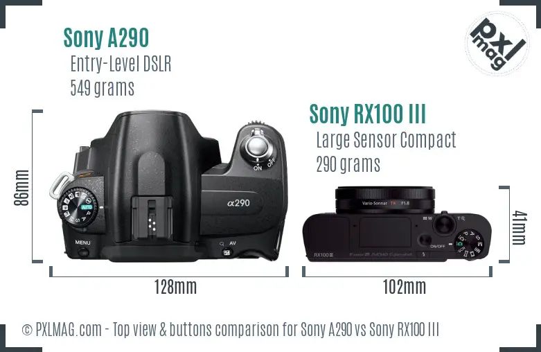 Sony A290 vs Sony RX100 III top view buttons comparison