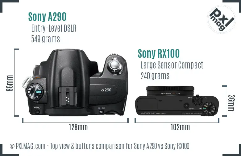 Sony A290 vs Sony RX100 top view buttons comparison