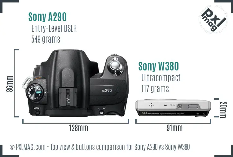 Sony A290 vs Sony W380 top view buttons comparison