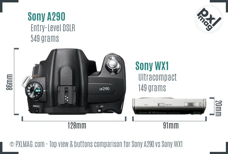 Sony A290 vs Sony WX1 top view buttons comparison