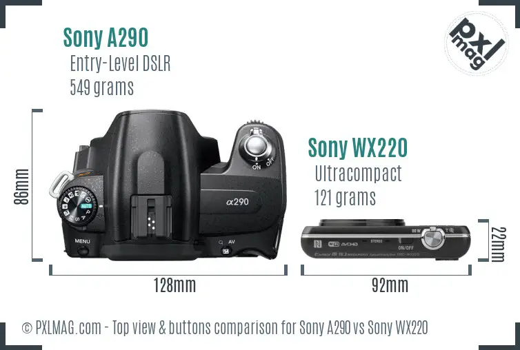 Sony A290 vs Sony WX220 top view buttons comparison