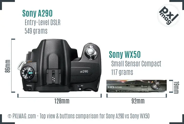 Sony A290 vs Sony WX50 top view buttons comparison