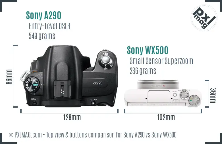 Sony A290 vs Sony WX500 top view buttons comparison