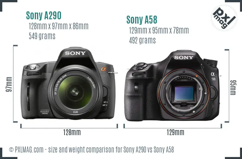 Sony A290 vs Sony A58 size comparison