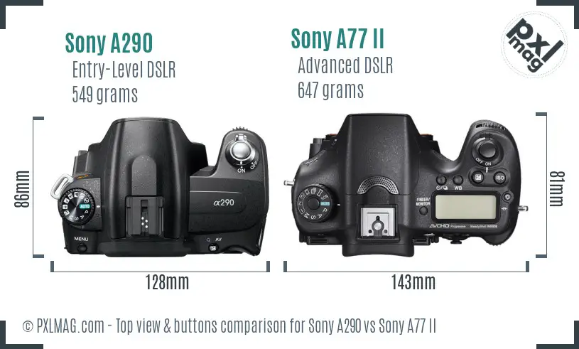 Sony A290 vs Sony A77 II top view buttons comparison