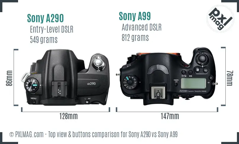 Sony A290 vs Sony A99 top view buttons comparison
