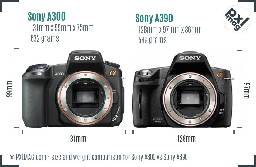 Sony A300 vs Sony A390 size comparison