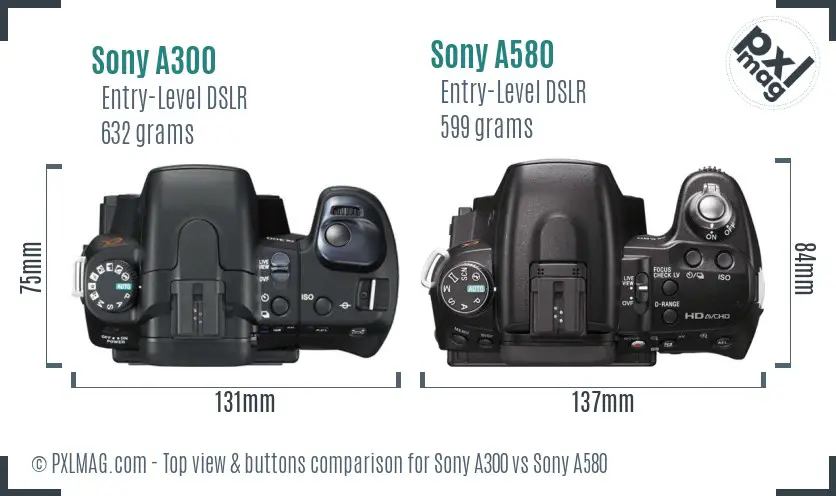 Sony A300 vs Sony A580 top view buttons comparison
