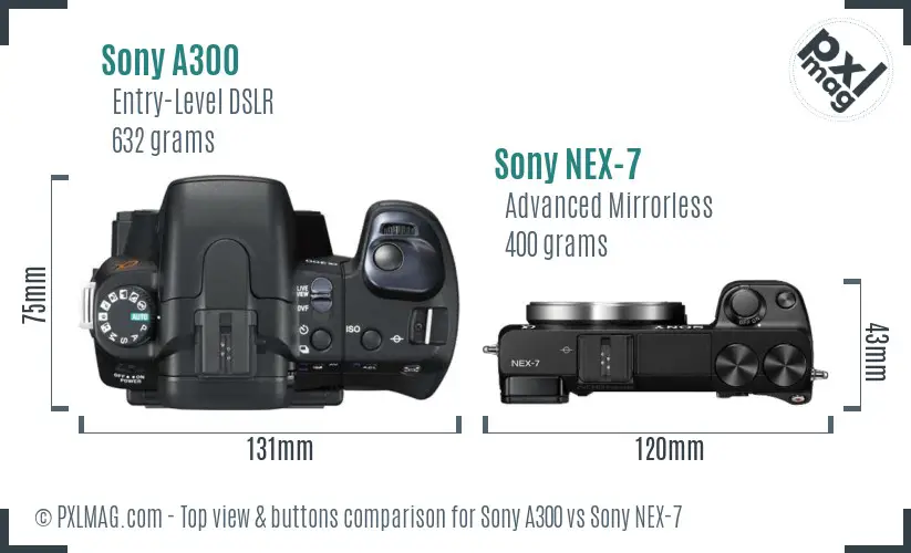 Sony A300 vs Sony NEX-7 top view buttons comparison