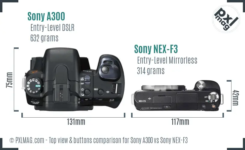 Sony A300 vs Sony NEX-F3 top view buttons comparison