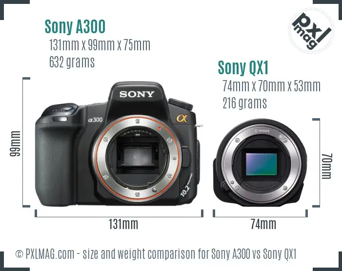 Sony A300 vs Sony QX1 size comparison