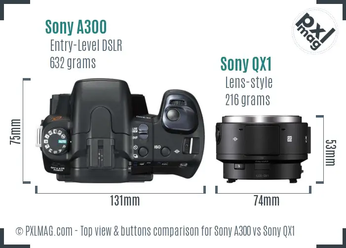 Sony A300 vs Sony QX1 top view buttons comparison