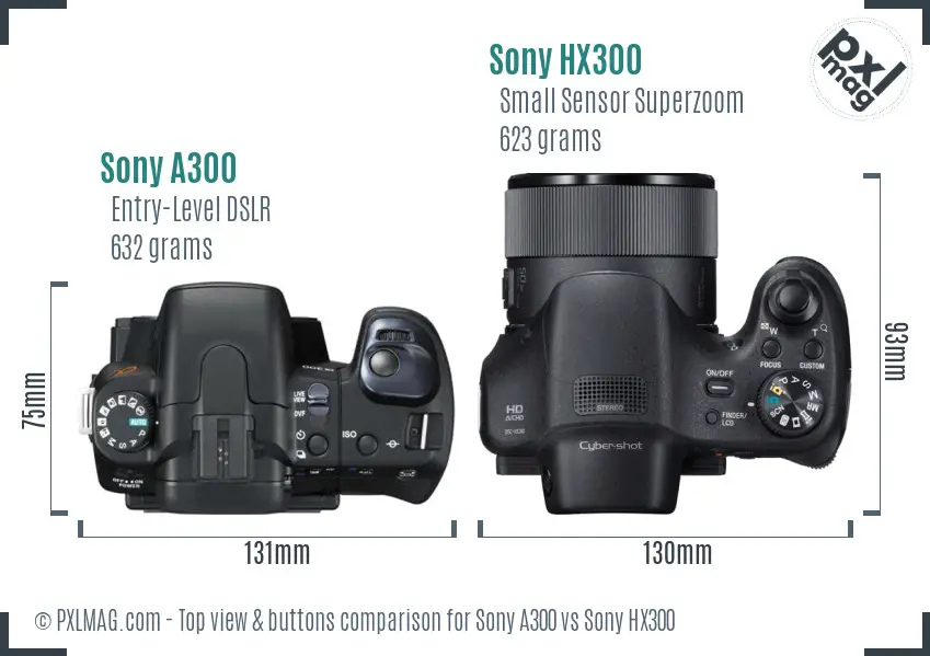 Sony A300 vs Sony HX300 top view buttons comparison