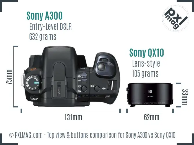 Sony A300 vs Sony QX10 top view buttons comparison