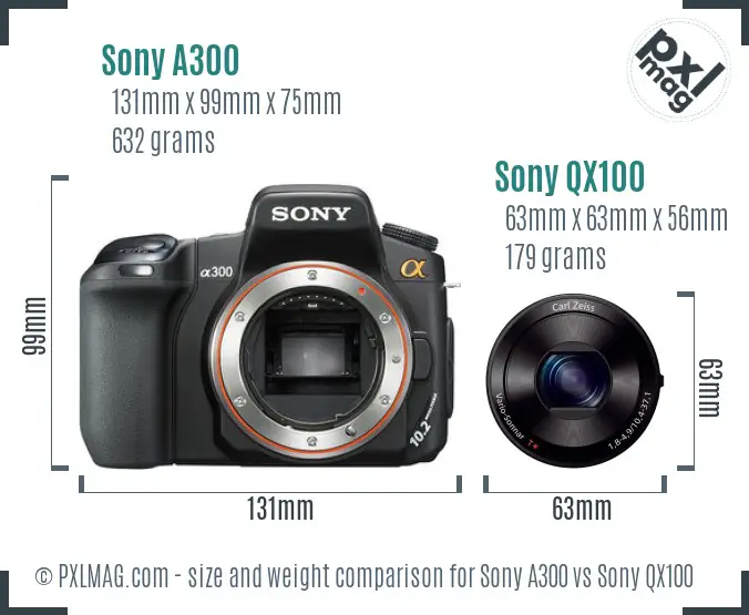 Sony A300 vs Sony QX100 size comparison