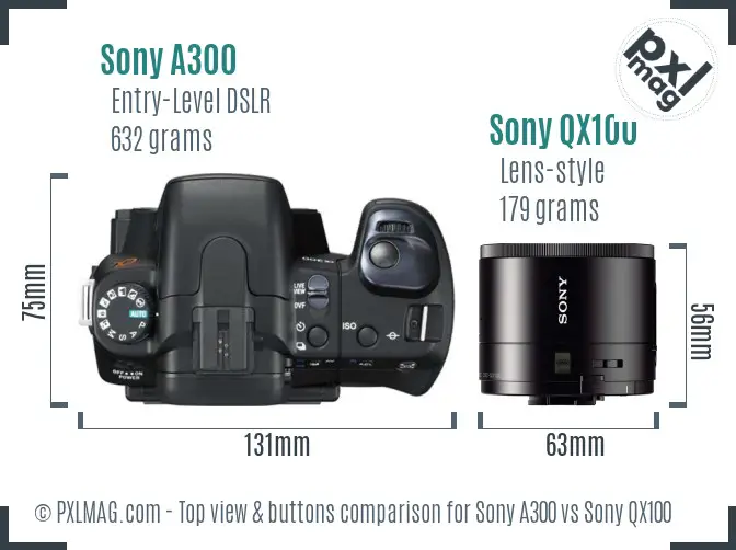 Sony A300 vs Sony QX100 top view buttons comparison
