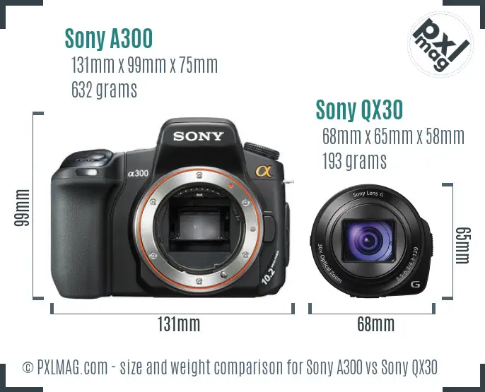 Sony A300 vs Sony QX30 size comparison