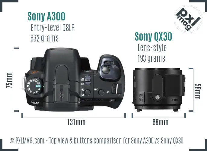 Sony A300 vs Sony QX30 top view buttons comparison