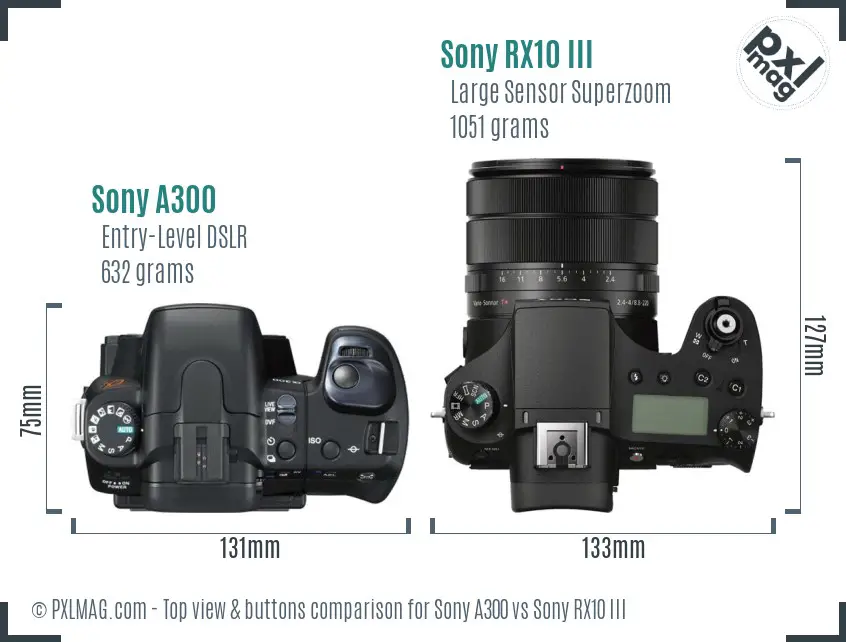 Sony A300 vs Sony RX10 III top view buttons comparison