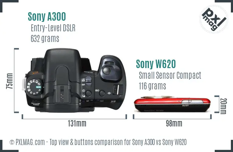 Sony A300 vs Sony W620 top view buttons comparison