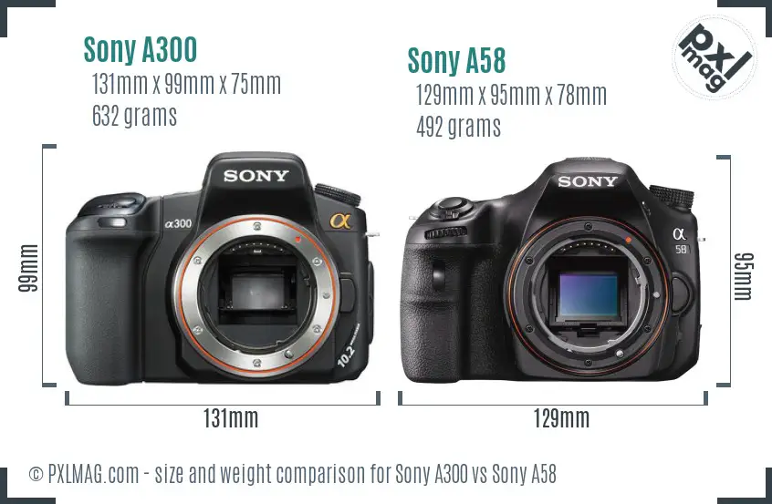 Sony A300 vs Sony A58 size comparison