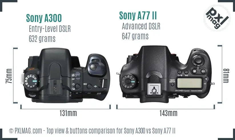 Sony A300 vs Sony A77 II top view buttons comparison