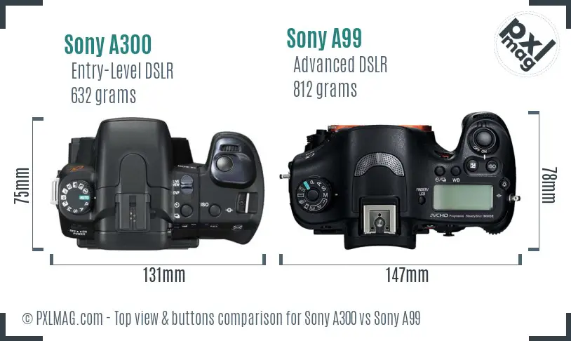 Sony A300 vs Sony A99 top view buttons comparison