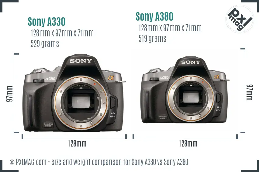 Sony A330 vs Sony A380 size comparison