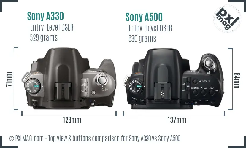 Sony A330 vs Sony A500 top view buttons comparison
