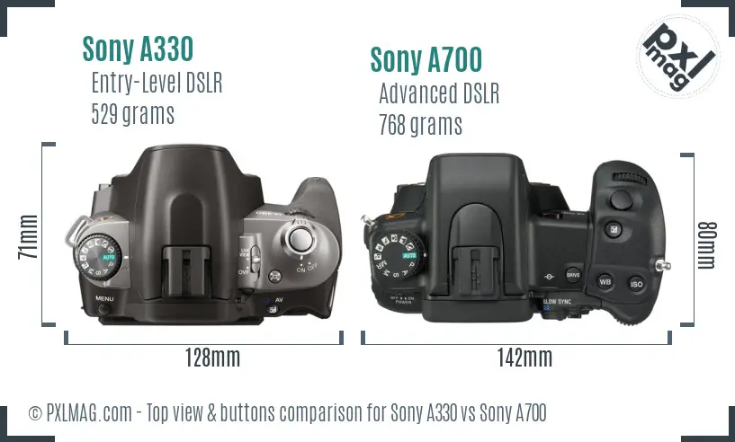 Sony A330 vs Sony A700 top view buttons comparison