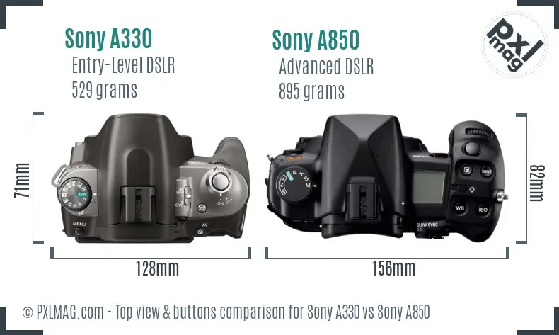 Sony A330 vs Sony A850 top view buttons comparison