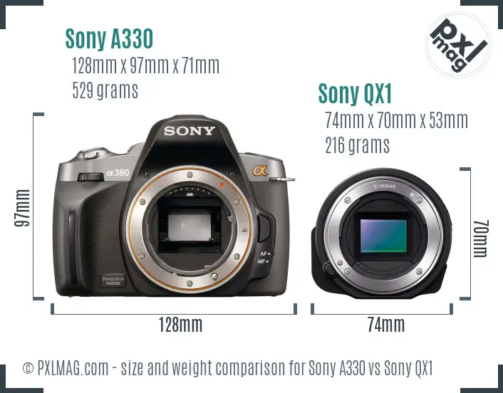 Sony A330 vs Sony QX1 size comparison