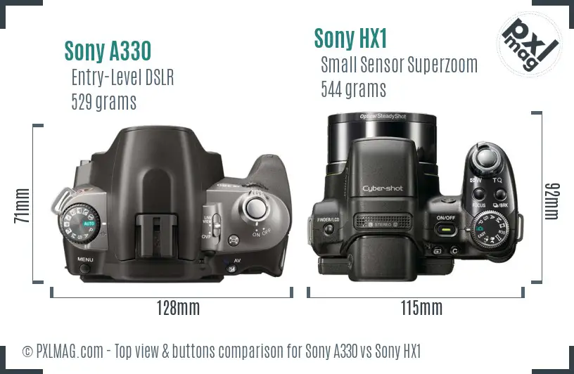 Sony A330 vs Sony HX1 top view buttons comparison