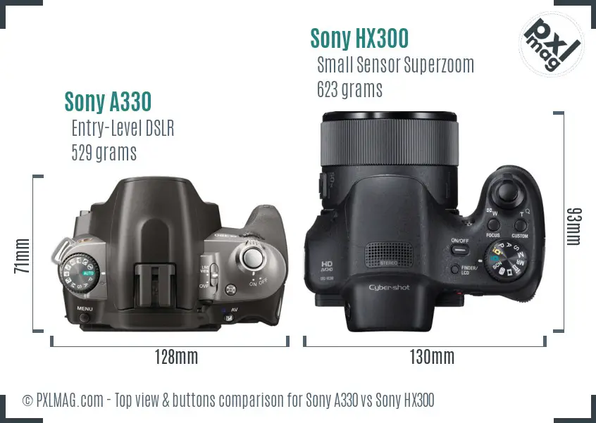 Sony A330 vs Sony HX300 top view buttons comparison