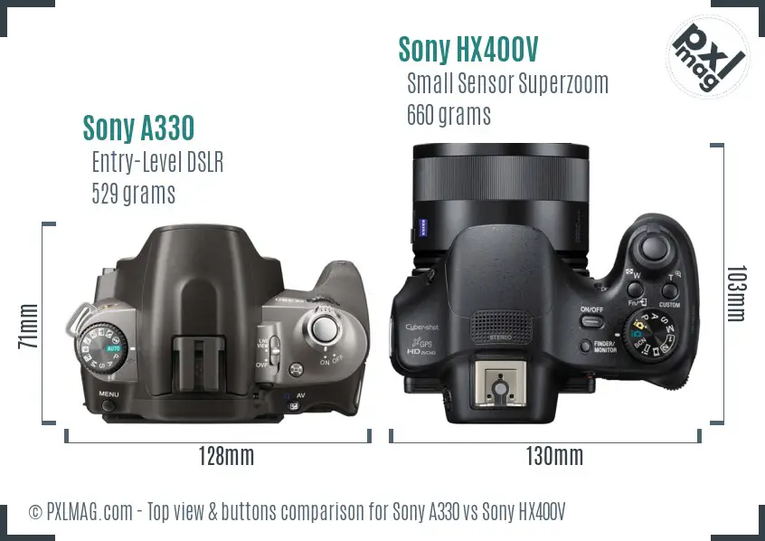 Sony A330 vs Sony HX400V top view buttons comparison