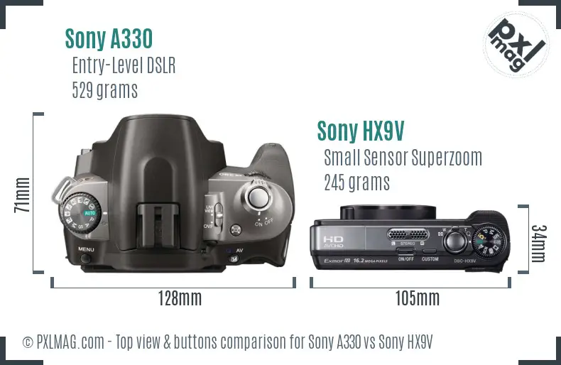 Sony A330 vs Sony HX9V top view buttons comparison