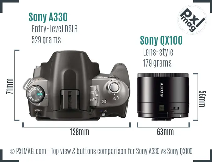 Sony A330 vs Sony QX100 top view buttons comparison
