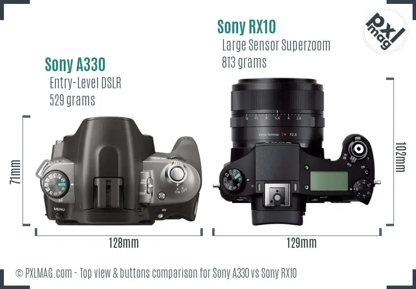 Sony A330 vs Sony RX10 top view buttons comparison