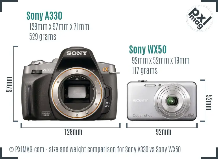 Sony A330 vs Sony WX50 size comparison
