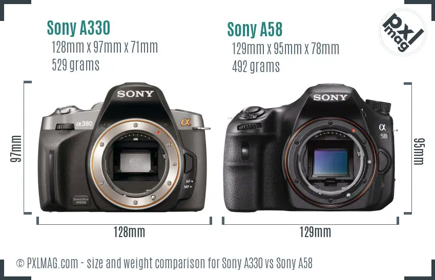 Sony A330 vs Sony A58 size comparison