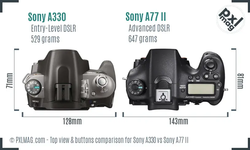 Sony A330 vs Sony A77 II top view buttons comparison