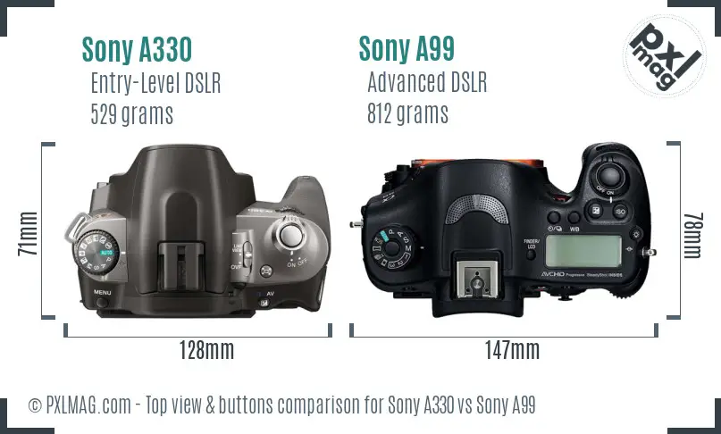 Sony A330 vs Sony A99 top view buttons comparison
