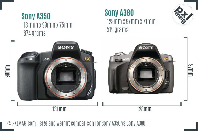 Sony A350 vs Sony A380 size comparison