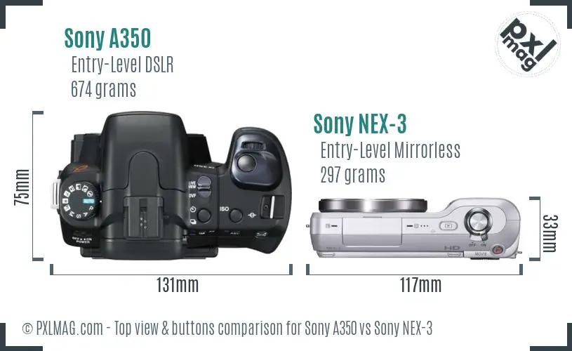 Sony A350 vs Sony NEX-3 top view buttons comparison