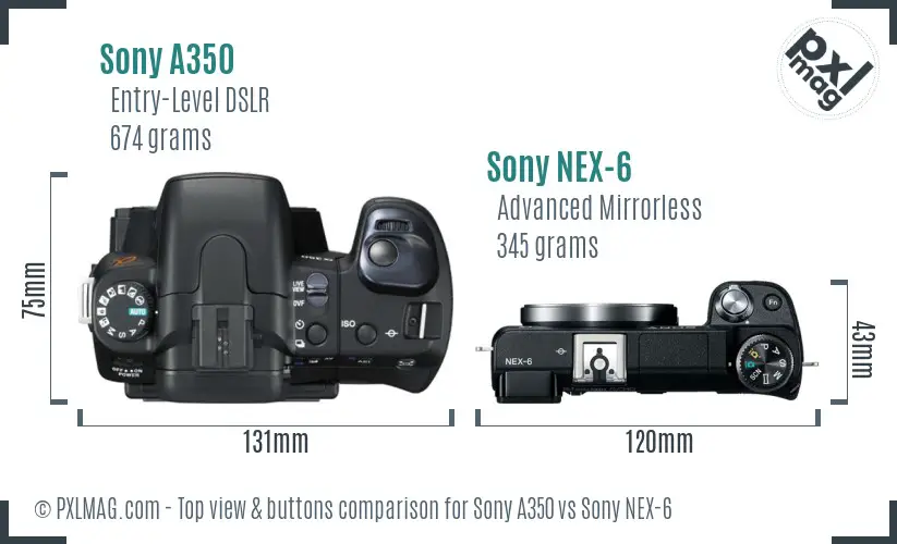 Sony A350 vs Sony NEX-6 top view buttons comparison
