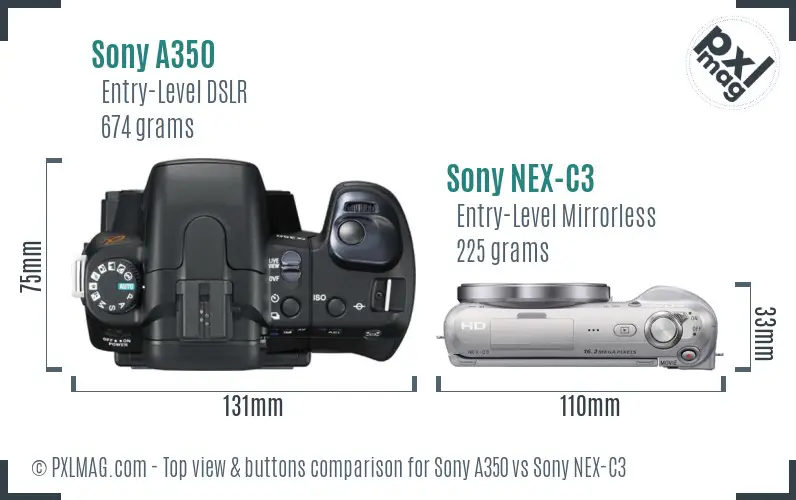 Sony A350 vs Sony NEX-C3 top view buttons comparison