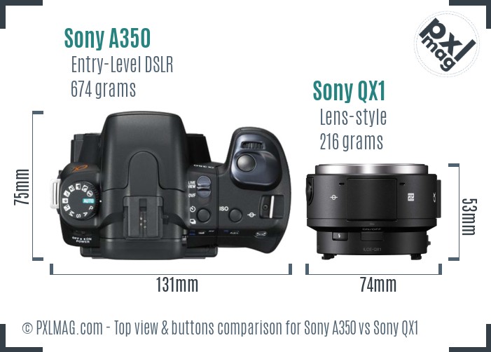 Sony A350 vs Sony QX1 top view buttons comparison